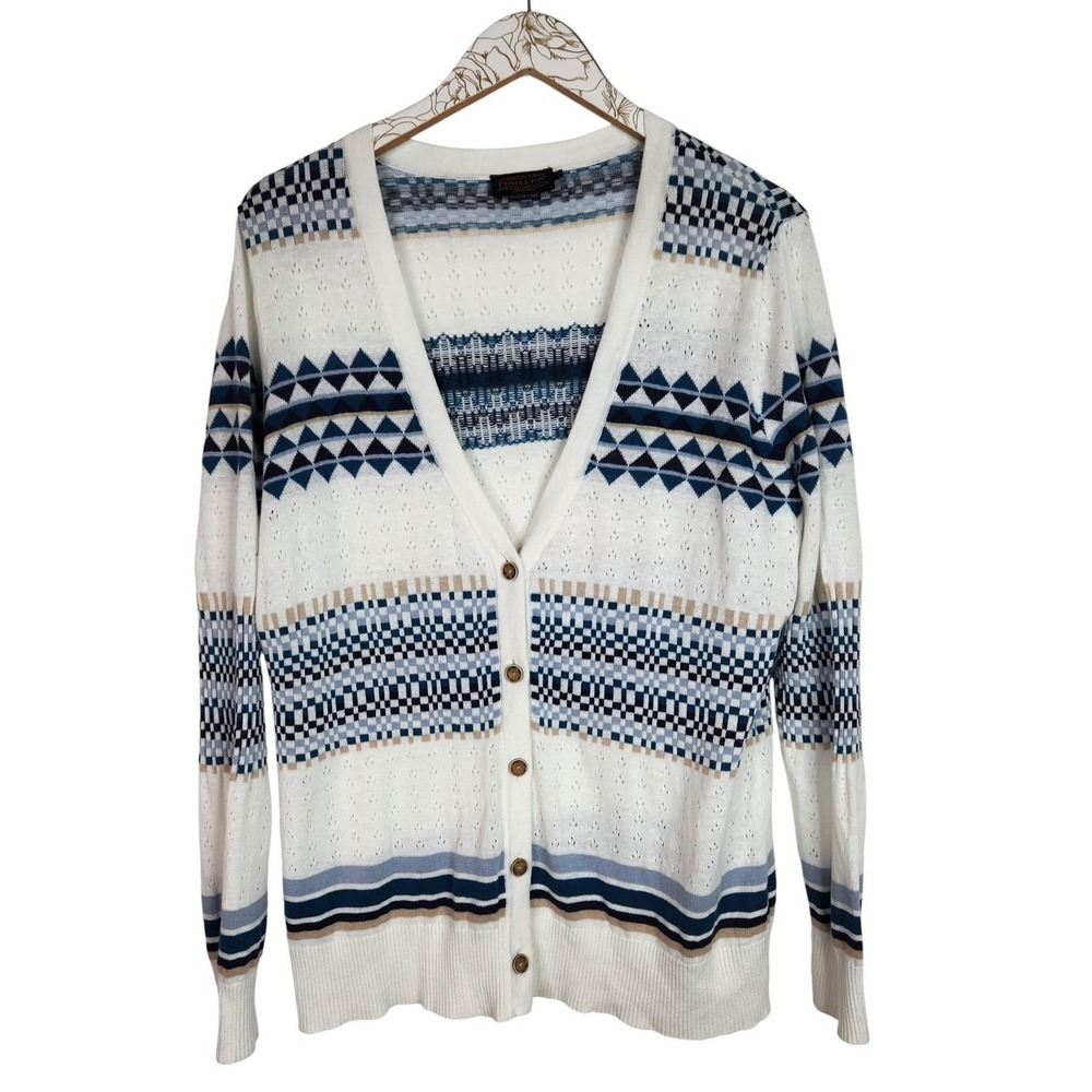 PENDLETON Cardigan Sweater Womens Large White Blue Linen Southwestern Knit VNeck